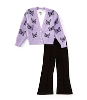 Rare Editions Little Girls 4-6X Long Sleeve Butterfly Fuzzy-Knit Cardigan, Short Sleeve T-Shirt & Solid Leggings Set