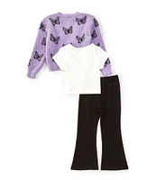 Rare Editions Little Girls 4-6X Long Sleeve Butterfly Fuzzy-Knit Cardigan, Short Sleeve T-Shirt & Solid Leggings Set