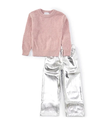 Rare Editions Little Girls 4-6X Long Sleeve Fuzzy Lurex Knit Sweater & Metallic Pants Set