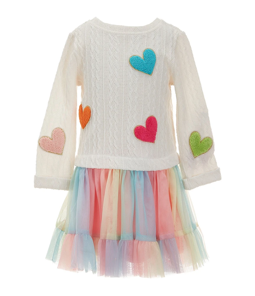 Rare Editions Little Girls 4-6X Long Sleeve Heart-Motif Sweater-Knit Bodice/Rainbow-Tulle-Skirted Tutu Dress