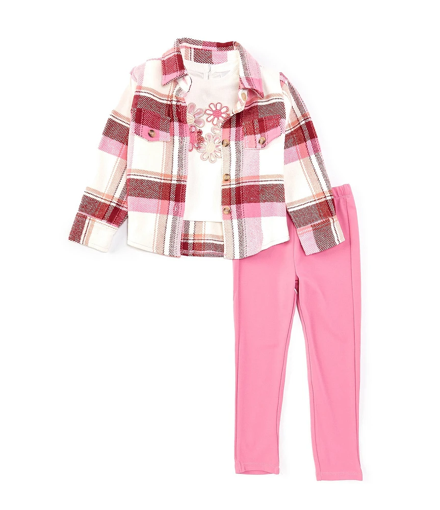 Rare Editions Little Girls 4-6X Long Sleeve Plaid Woven Shacket & Floral-Motif Waffle-Knit T-Shirt & Solid Knit Leggings Set