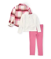 Rare Editions Little Girls 4-6X Long Sleeve Plaid Woven Shacket & Floral-Motif Waffle-Knit T-Shirt & Solid Knit Leggings Set