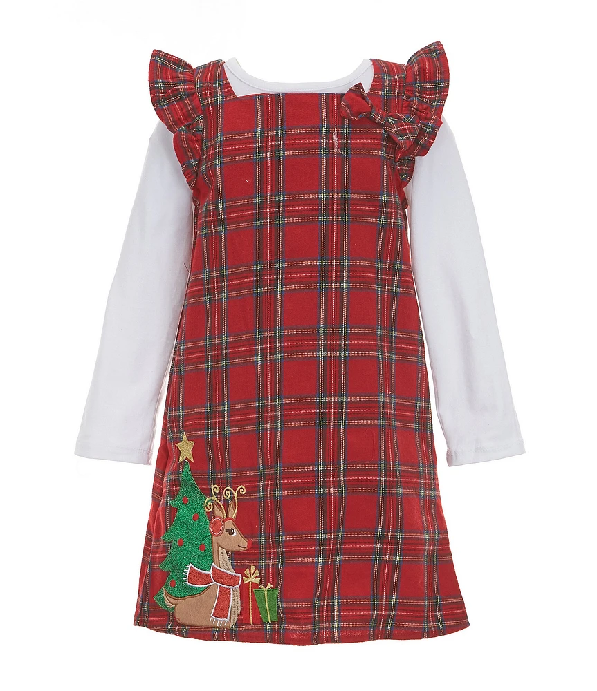 Rare Editions Little Girls 4-6X Sleeveless Christmas Tree/Reindeer-Appliqued Plaid Jumper Dress & Long-Sleeve T-Shirt Set