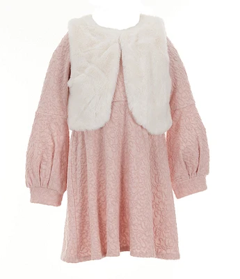 Rare Editions Little Girls 4-6X Sleeveless Faux-Fur Vest & Long Sleeve Textured Knit Fit & Flare Dress Set