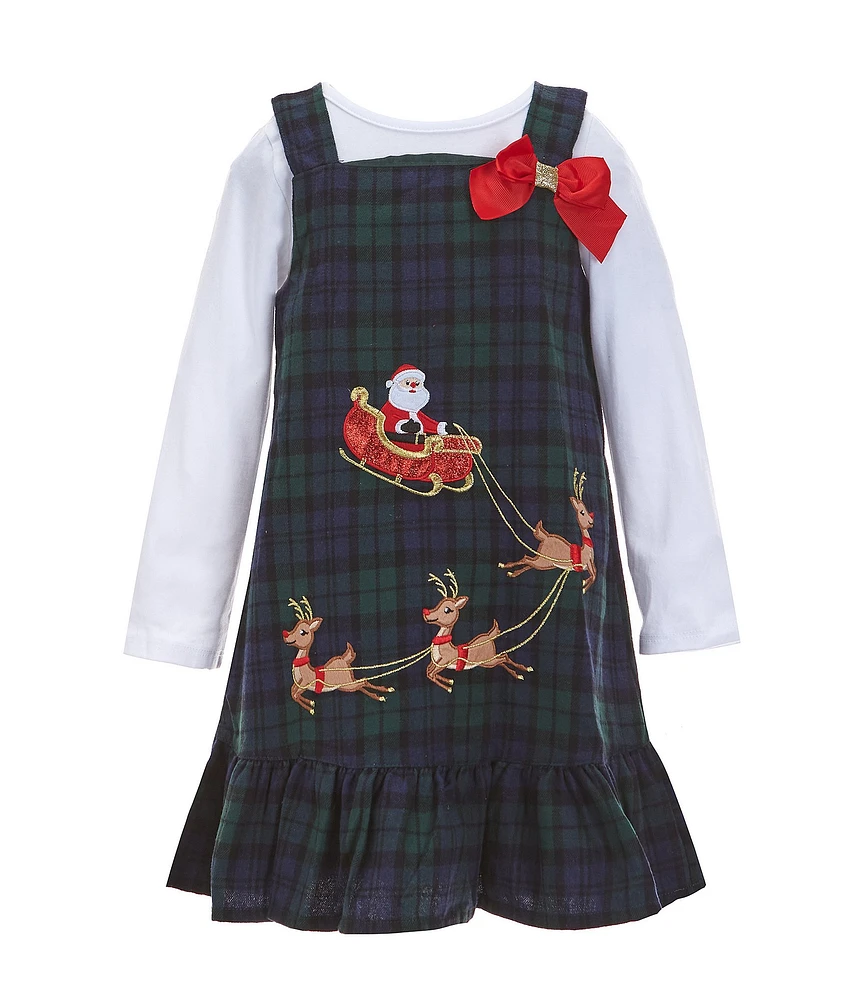 Rare Editions Little Girls 4-6X Sleeveless Santa/Reindeer-Appliqued Plaid Jumper Dress & Long Sleeve Solid Rib-Knit T-Shirt