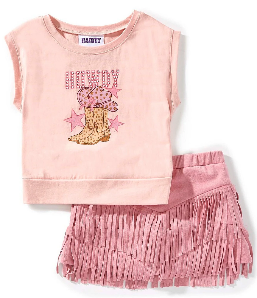 Rarity Little Girls Short-Sleeve Cowboy Boot Graffiti Graphic T-Shirt & Fringed Skirt Set