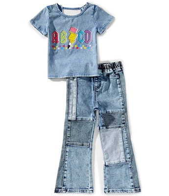 Rarity Little Girls Short-Sleeve #double;ABCD#double; Acid-Wash Top & Patchwork Jeans Set