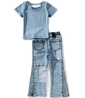 Rarity Little Girls Short-Sleeve #double;ABCD#double; Acid-Wash Top & Patchwork Jeans Set