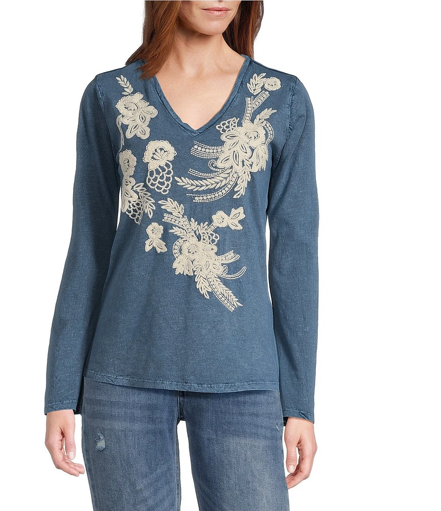 Reba Knit Jersey Embroidered V-Neck Long Sleeve T-Shirt