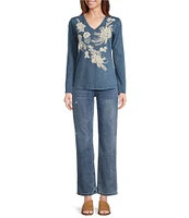 Reba Knit Jersey Embroidered V-Neck Long Sleeve T-Shirt