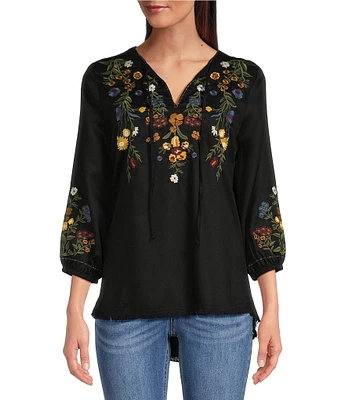 Reba 3/4 Sleeve Split V-Neck Floral Embroidered Peasant Tunic