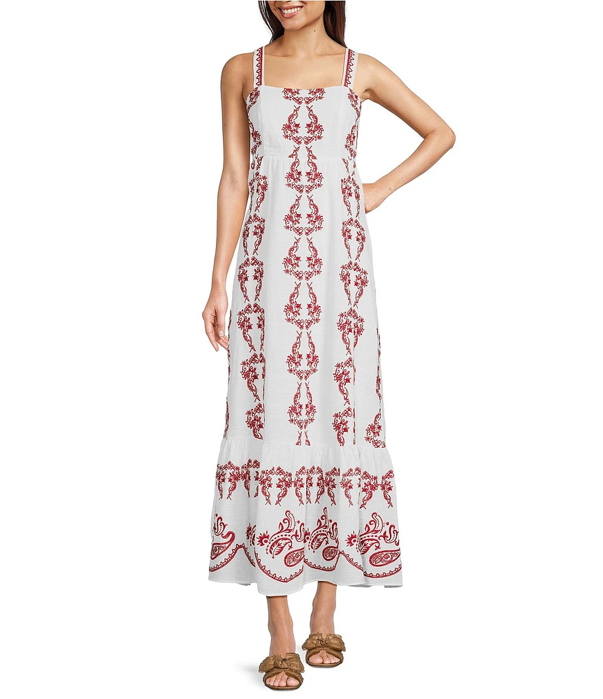 Reba Amber Paisley Print Square Neck Sleeveless Embroidered Maxi A-Line Dress