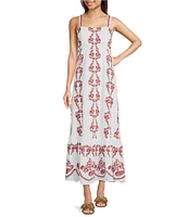 Reba Amber Paisley Print Square Neck Sleeveless Embroidered Maxi A-Line Dress