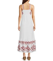 Reba Amber Paisley Print Square Neck Sleeveless Embroidered Maxi A-Line Dress