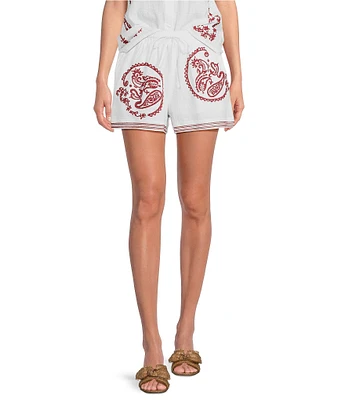 Reba Amber Textured Woven Coordinating Paisley Embroidered Shorts