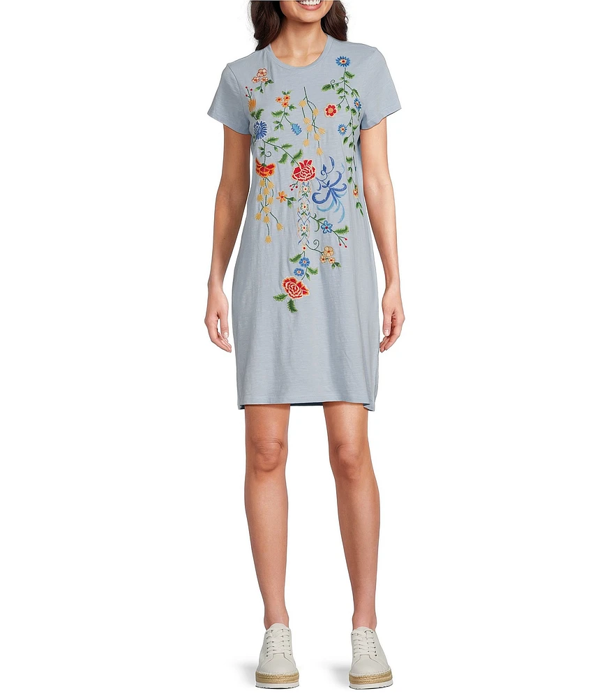 Reba Arizona Jersey Knit Floral Embroidered Round Neck Short Sleeve Shirt Dress