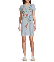 Reba Arizona Jersey Knit Floral Embroidered Round Neck Short Sleeve Shirt Dress