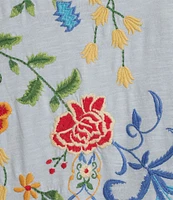 Reba Arizona Jersey Knit Floral Embroidered Round Neck Short Sleeve Shirt Dress