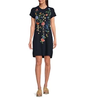 Reba Arizona Jersey Knit Floral Embroidered Round Neck Short Sleeve Shirt Dress