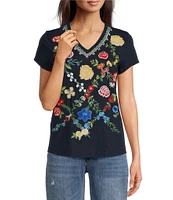 Reba Arizona Jersey Knit V-Neck Short Sleeve Embroidered Shirt