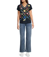 Reba Arizona Jersey Knit V-Neck Short Sleeve Embroidered Shirt
