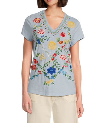 Reba Arizona Jersey Knit V-Neck Short Sleeve Embroidered Shirt