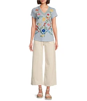 Reba Arizona Jersey Knit V-Neck Short Sleeve Embroidered Shirt