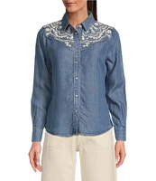 Reba Arizona Point Collar Long Sleeve Embroidered Button Front Top