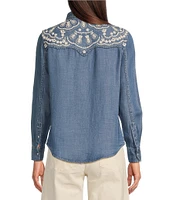 Reba Arizona Point Collar Long Sleeve Embroidered Button Front Top