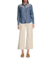 Reba Arizona Point Collar Long Sleeve Embroidered Button Front Top