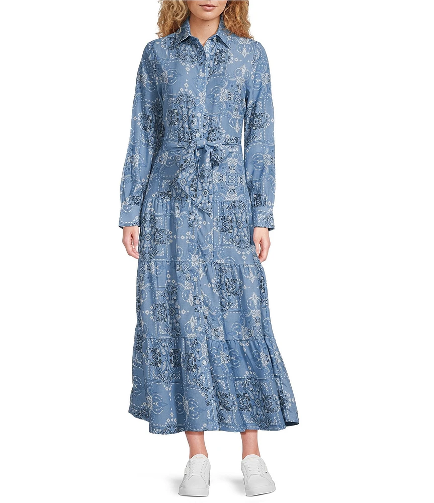 Reba Austin Point Collar Long Sleeve Tiered Belted Button Front Maxi Dress