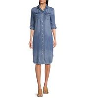 Reba Chambray Point Collar Long Sleeve Frayed Hem Shirt Dress