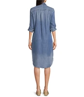 Reba Chambray Point Collar Long Sleeve Frayed Hem Shirt Dress