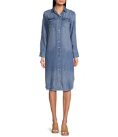 Reba Chambray Point Collar Long Sleeve Frayed Hem Shirt Dress