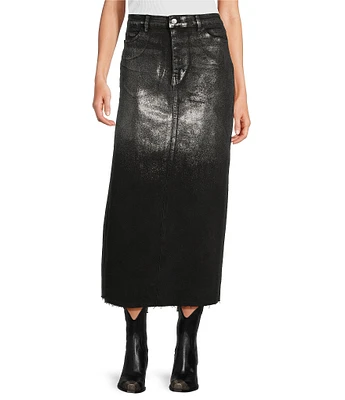 Reba Coated Denim Metallic Ombre High Rise 5-Pocket Back Hem Slit Pencil Midi Length Skirt