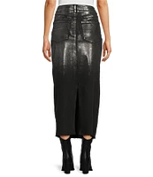 Reba Coated Denim Metallic Ombre High Rise 5-Pocket Back Hem Slit Pencil Midi Length Skirt