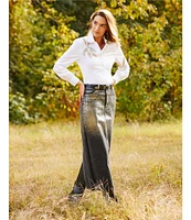 Reba Coated Denim Metallic Ombre High Rise 5-Pocket Back Hem Slit Pencil Midi Length Skirt