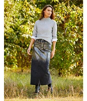 Reba Coated Denim Metallic Ombre High Rise 5-Pocket Back Hem Slit Pencil Midi Length Skirt