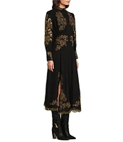 Reba Crepe Embroidered Paisley Band Collar Button Front Long Blouson Sleeve Flounce A-Line Split Hem Maxi Dress