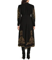 Reba Crepe Embroidered Paisley Band Collar Button Front Long Blouson Sleeve Flounce A-Line Split Hem Maxi Dress