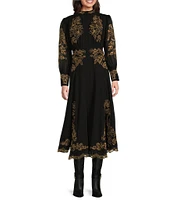 Reba Crepe Embroidered Paisley Band Collar Button Front Long Blouson Sleeve Flounce A-Line Split Hem Maxi Dress