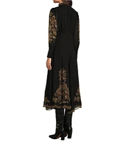 Reba Crepe Embroidered Paisley Band Collar Button Front Long Blouson Sleeve Flounce A-Line Split Hem Maxi Dress