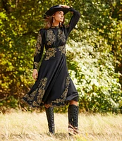 Reba Crepe Embroidered Paisley Band Collar Button Front Long Blouson Sleeve Flounce A-Line Split Hem Maxi Dress