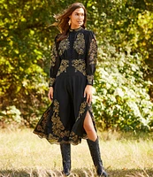 Reba Crepe Embroidered Paisley Band Collar Button Front Long Blouson Sleeve Flounce A-Line Split Hem Maxi Dress