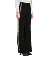 Reba Crepe Rhinestone Fringe High Rise Flat Front Full Length Coordinating Trousers