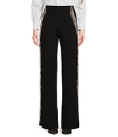 Reba Crepe Rhinestone Fringe High Rise Flat Front Full Length Coordinating Trousers