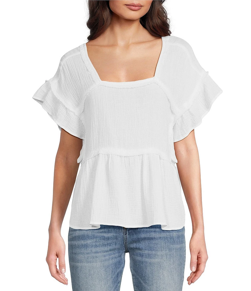 Reba Crinkled Cotton Gauze Woven Square Neck Short Flutter Sleeve Top