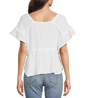 Reba Crinkled Cotton Gauze Woven Square Neck Short Flutter Sleeve Top