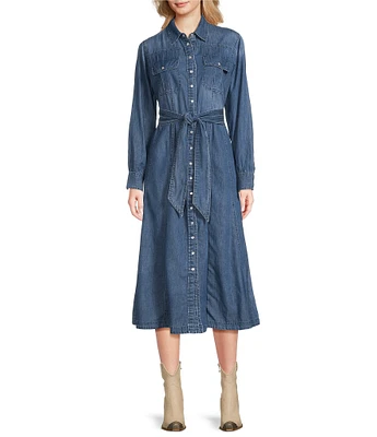 Reba Denim Point Collar Button Down Flared Shirt Tie Waist Midi Dress