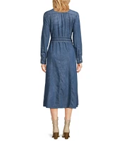 Reba Denim Point Collar Button Down Flared Shirt Tie Waist Midi Dress